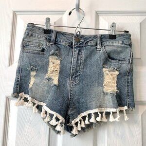 NWOT Boho Blue Fringe Tassel Trim Denim Jean Shorts